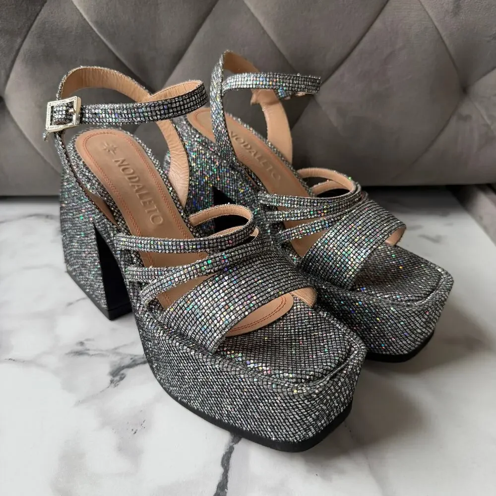 Nodaleto Bulla Chibi Silver Glitter Platform Sandals Size EU 38